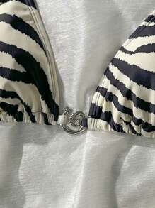 Swim Vcay Zebra Print Metal Decor Bikini Top For Summer Beach Vacation
