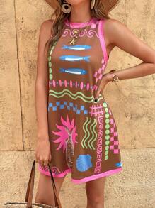 Travachic Knitted Floral Print Sleeveless Loose Mini Dress For Women,Suitable For Spring & Summer Vacation - Multicolor - View 6