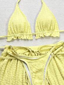 Swim SXY Women's Summer Beach Textured Halter Bikini Set And Shorts - Yellow - View 4