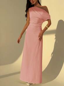 Aloruh 优雅不对称肩部褶皱腰部修身纯色长款 A 字裙，休闲通勤连衣裙 - 淺粉色 - 查看 3