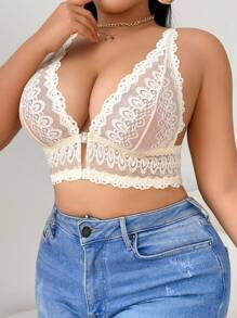 SHEIN 大码女士时尚前扣蕾丝性感内衣文胸 - 香檳色 - 查看 5