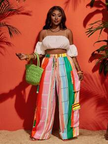 Slaydiva 2025 Spring & Summer New Music Festival Elegant Black Wide Pockets Striped Patchwork Print Linen Cargo Pants For Plus Size Women