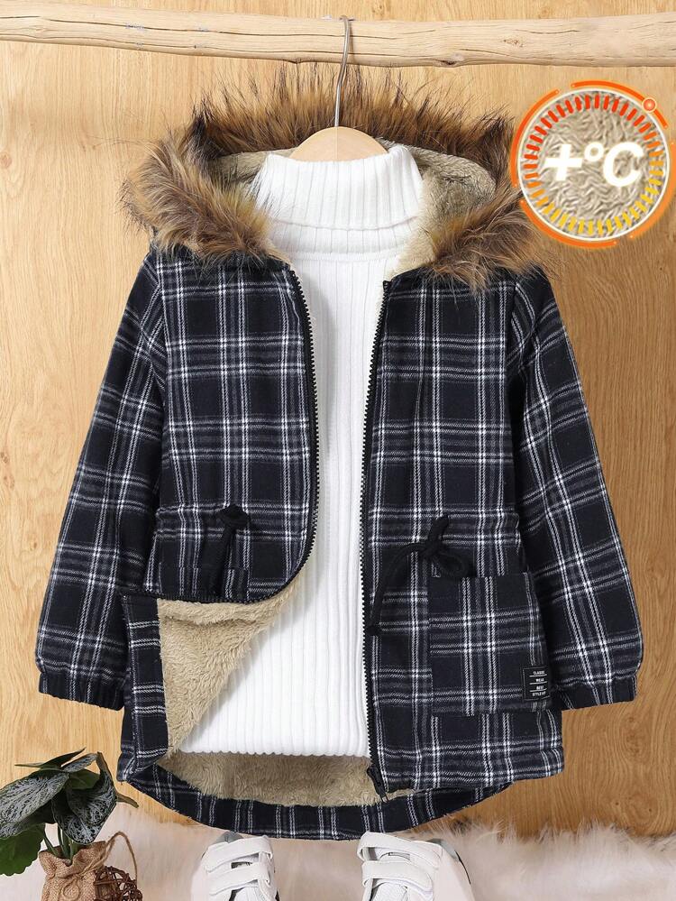 Young Boy Plaid Print Plush Lined Drawstring Waist Hooded Coat Without Sweater