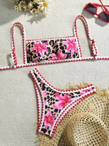 SHEIN Swim 夏季女士豹纹细肩带上衣和下装泳衣套装 - 彩色 - 查看 6