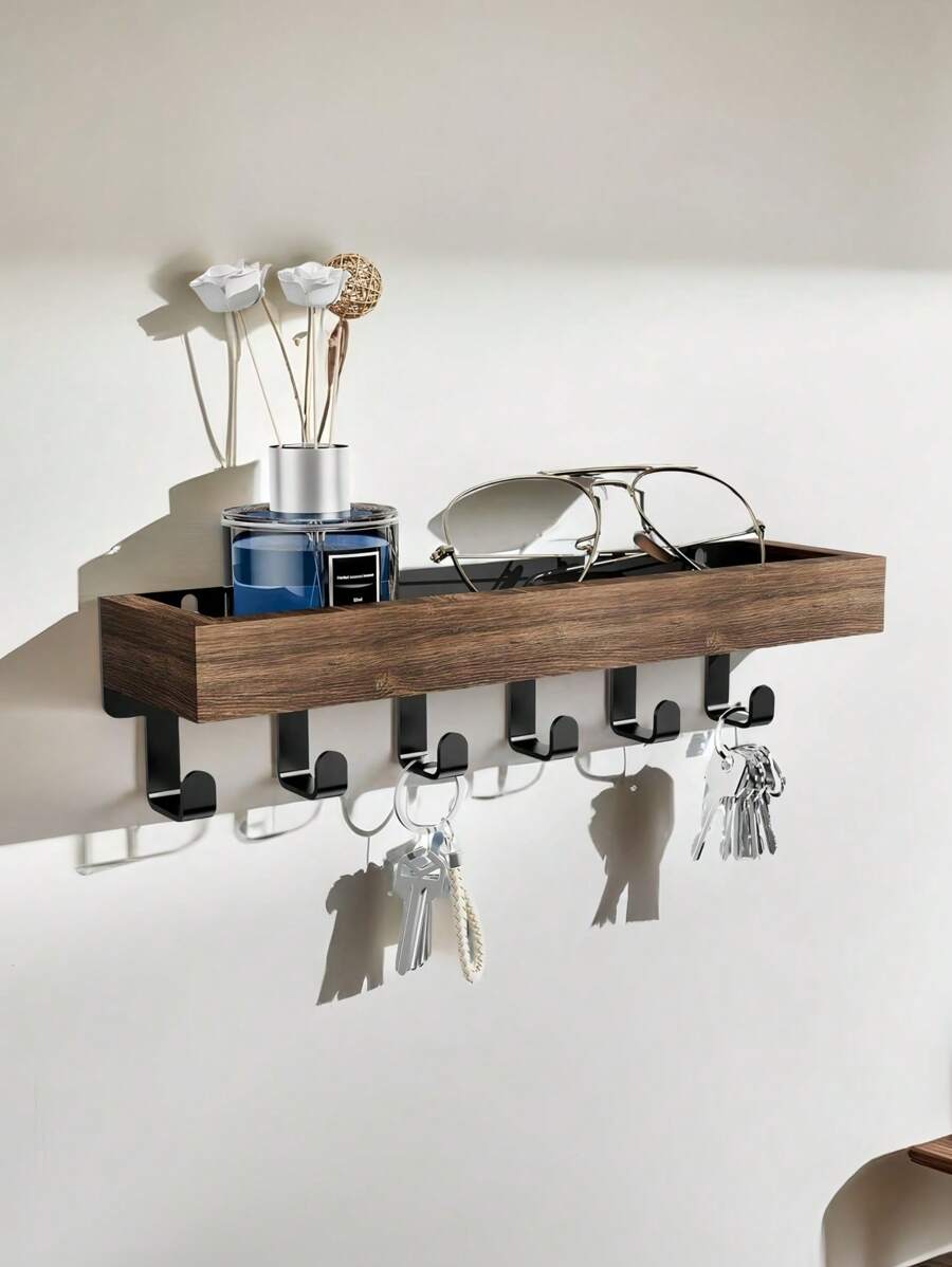 1 Set Wall Mounted Key Holder With Wood Tray And 6 Hooks, Key Racks, Key Hangers Home Decor Key Rack Mail Organizer For Hallway, Bedroom, Mudroom, Office(Christmas) Room Decor