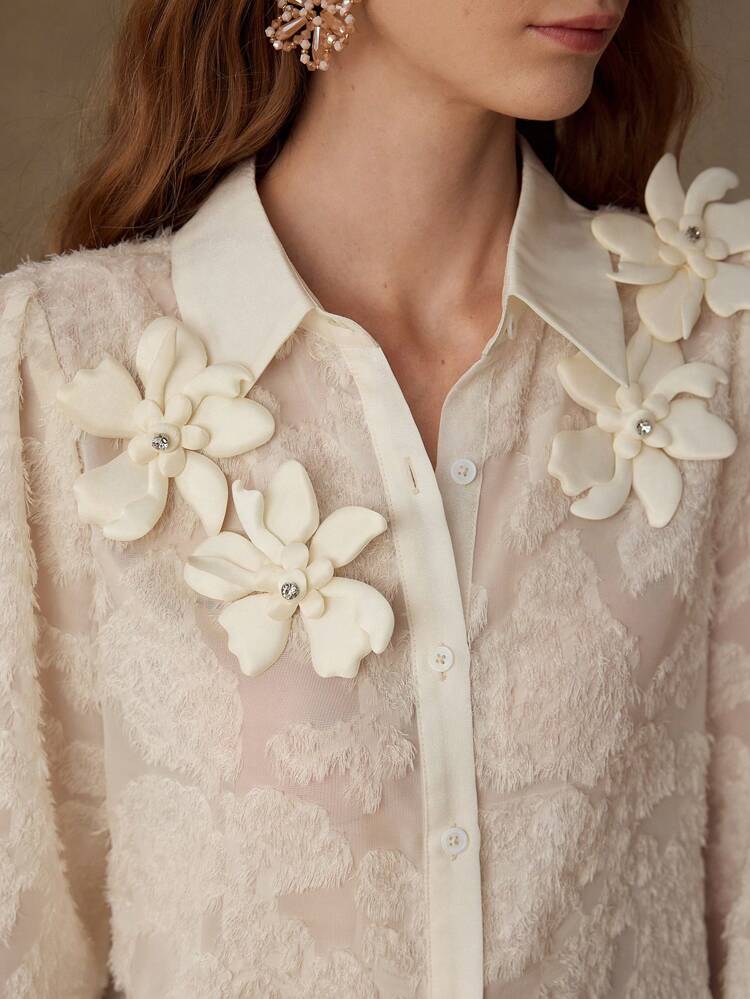 ASYMMETRICAL 3D FLORAL APPLIQUES SHIRT