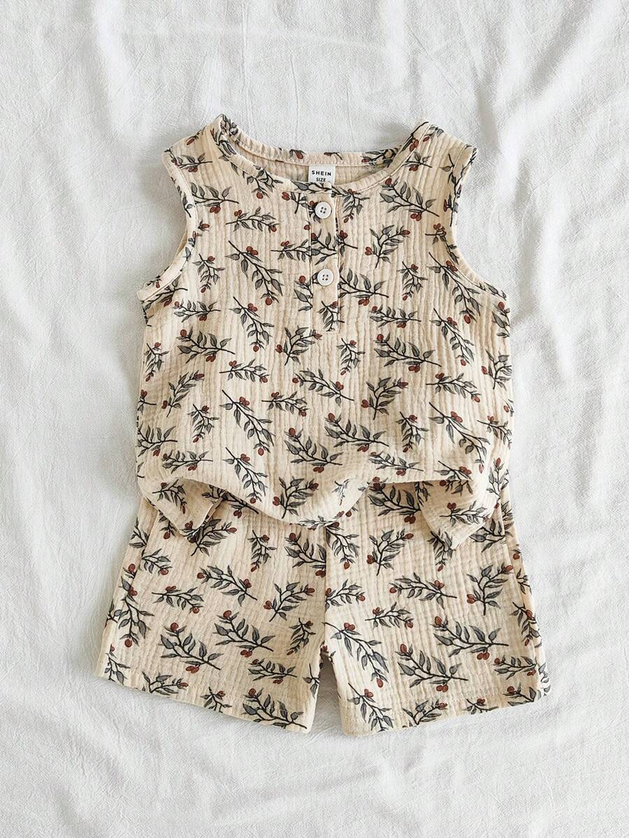 Vintaside Kids طقم كاجوال مكون من تي شيرت بدون أكمام رقبة دائرية تصميم مطبوع وشورت للأطفال الصغار من الجنسين