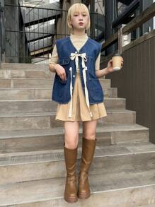 FRIFUL Women Denim Jacket And Coat With Drawstring, Petite - Medium Wash - View 2