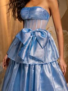 Glamrae 优雅浪漫的浅蓝色手工蝴蝶结多层筒形蛋糕裙，带拖尾，适合约会、单身派对、舞会、酒会、正式场合、晚礼服、婚礼宾客礼服、晚礼服、长袍 - 淺藍色 - 查看 2
