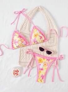 Swim Mod 2pcs/Set Knitted Random Floral Print Tie Front Tankini Swimsuit For Women For Summer Beach Vacation - Multicolor - View 2