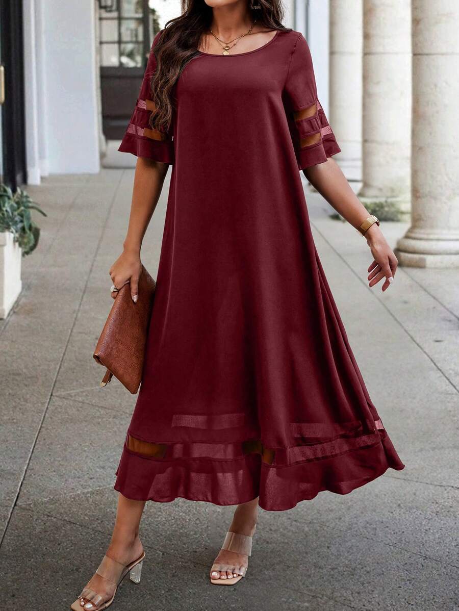 EMERY ROSE Váy lưới vá mùa hè thường ngày cho nữ - Màu Đỏ Sâu - Xem 1