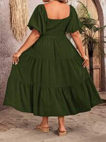 SHEIN Unity Plus Size Women Solid Color Simple Daily Square Neck Dress Maxi Women Outfit - Army Green - View 2