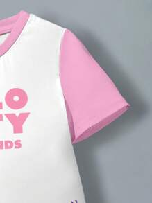 HELLO KITTY AND FRIENDS | SHEIN Young Girl Colorblock Short Sleeve Spring/Summer Cartoon Cute Graphic Print Casual Loose Dress