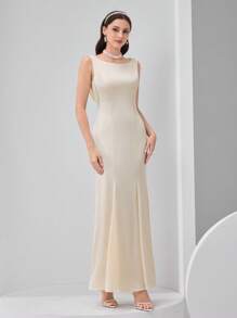 Modelyn Women's Solid Color Backless Halter Design Slim Fit Elegant Dress - Beige - View 7