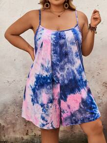 SHEIN CURVE+ Mono casual con pliegues y efecto tie-dye con tirantes de espagueti para mujer de talla grande para verano, Curve Plus, Hoho - Atuendos para vacaciones/playa para mujer, vestido de playa, atuendos para vacaciones en la playa, artículos esenciales de playa, vestido para graduación/té.