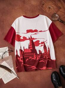 HARRY POTTER X SHEIN Tween Girl Owl Castle Print Red And White Casual Short Sleeve T-Shirt - Burgundy - View 6