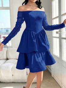 Modelyn Women's Solid Color Off Shoulder Long Sleeve Ruffle Hem Midi Dress