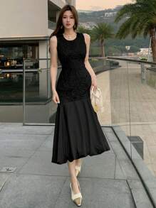 xheDAZY Vestido midi elegante de mujer con bajo de cola de pez, parches de encaje y estilo de vestido de verano maxixhe - Negro - Ver 5