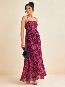 HIBA Pink Cheetah Chiffon Print Spaghetti Straps Black Ruched Cupped Bust Corset Women Maxi Dress - Multicolor - View 3