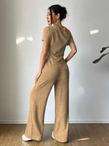 Flirla Bộ 2 món: Áo thun thường ngày vai bất đối xứng + Quần ống rộng cạp thấp, Đồ mặc ở nhà - Màu Khaki - Xem 2