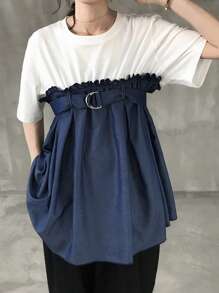 FRIFUL 1 Pc Women's Round Neck Fitted Denim Effect Patchwork T-Shirt School - Blue - View 2
