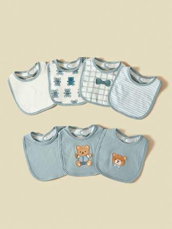 7 件装男婴口水围兜，带可爱熊刺绣，吸水透气柔软喂奶围嘴