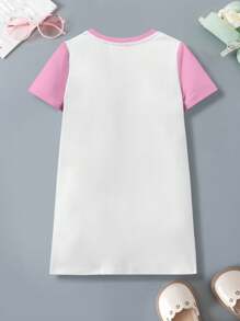 HELLO KITTY AND FRIENDS | SHEIN Young Girl Colorblock Short Sleeve Spring/Summer Cartoon Cute Graphic Print Casual Loose Dress