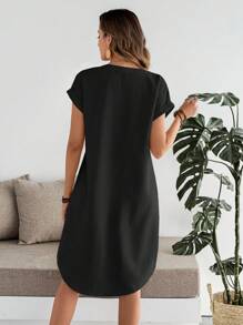 SHEIN LUNE 女士休闲纯色前扣中长连衣裙 - 黑色 - 查看 2
