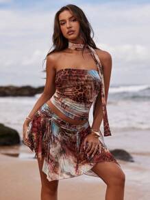 SHEIN BAE Women's Boho Halter Knitted Camisole, Ruched Asymmetrical Hem Regular Length Tank Top, Brown Animal Print For Summer - Brown - View 5