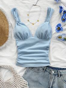 Dreamara Top tipo camiseta con tirantes anudados y drapeado, casual y romántico para vacaciones, talla grande - Celeste - Ver 3