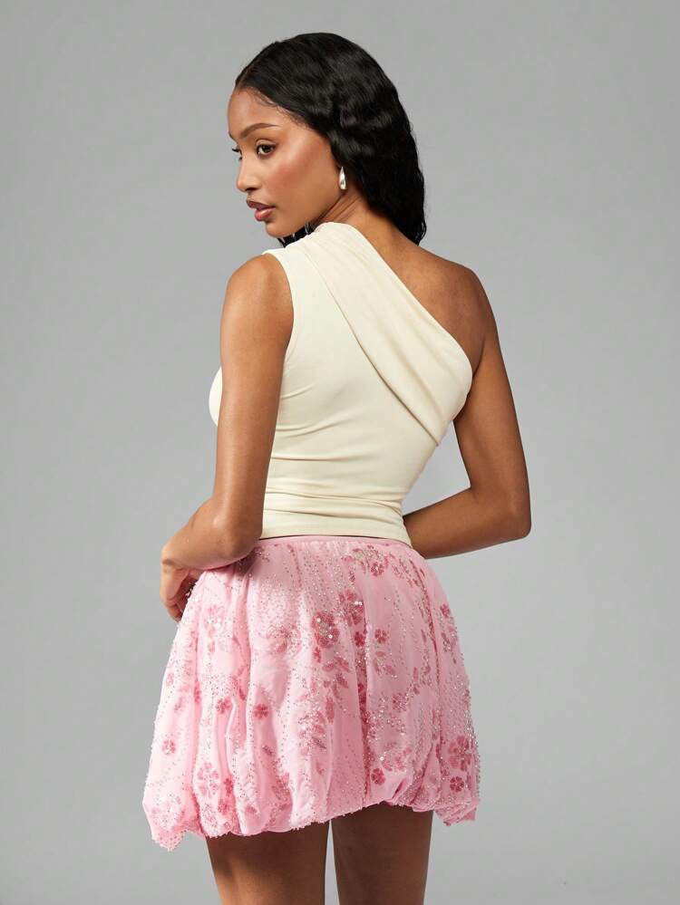 MISSGUIDED Sequin Bubble Mini Skirt Pink Party Dance Club Festival Puffball Skater Evening Spring Summer Special Occasion Weekend Statement Fashion Gathered