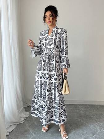 Rafferiza 女士度假休闲全印花喇叭袖连衣裙