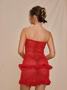 MUSERA Red Autumn Boho Vacation Holiday Crochet Knit Tie Front Frill Detail Strapless Bandeau Mini Dress Elegant Beach Cover Up Swimwear Sweet Escape Club - Red - View 3