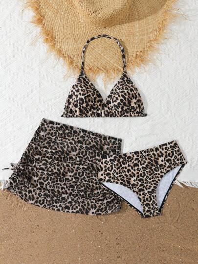 SHEIN Tween Girls 3-Piece Bikini Set With Leopard Print Knit Swimwear & Cover Up Skirt, Fashion Elegant Casual Suitable For Swimming, Vacation, Summer Young Girl Summer Outfits Young Girls Sets Bathing Suit Set Kids Two Pieces Bathing Suit For Kids Kids Bathing Suit Sets Kids Swimming ,Kids Beachwear Summer Holiday