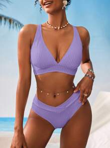 Swim Vcay Women V-Neck Textured Striped Tankini Swimsuit Set For Summer Beach Vacation - Purple - View 3