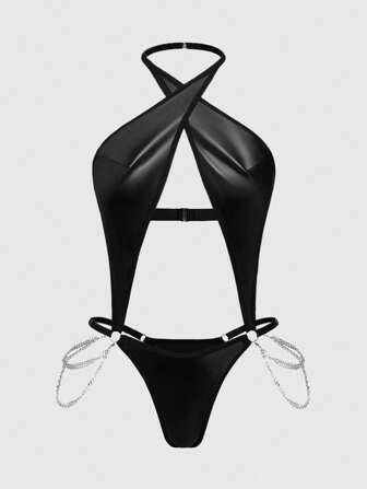 Grunge Punk Große Größen Dunkel Punk PU Leder Hosenträger String Body mit Ketten Details