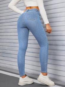 SHEIN EZwear Jeans pitillo negros con bolsillos inclinados y rasgados - Lavado ligero - Ver 2