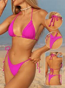 SHEIN New Europe & America Women Summer Beach Outfits, Macrame Tie Solid Color Triangle Bikini Swimwear 2 Pieces Set - Hot Pink - View 1