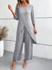 EMERY ROSE 2pcs/Set 3/4 Sleeve Shirt And Elastic Waist Pants - Light Grey - View 3