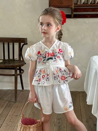 LMoss Kids LMoss 少女编织碎花修身休闲上衣短裤两件套 少女服装 可爱少女服装 少女精品套装 少女服装 春季