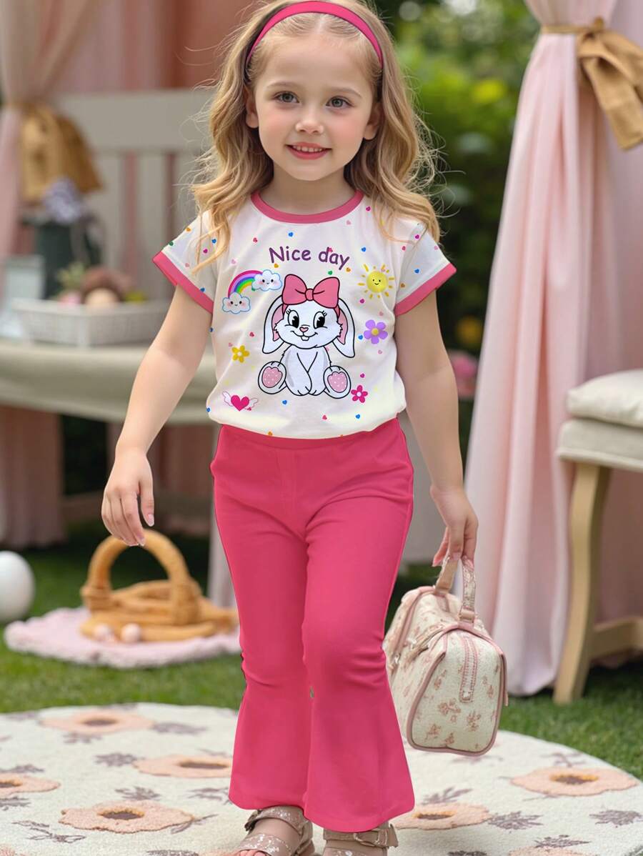 SHEIN Set de 2 bucăți pentru fetiță, ocazional, cu imprimeu cu iepure de desene animate, cu mâneci scurte și cu pantaloni evazați, potrivit pentru vară - Multicolor - Vizualizare 1