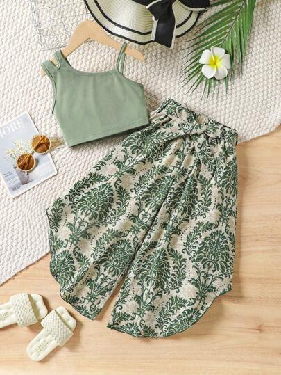 SHEIN 2 Pieces Set: Solid Color Asymmetric Neck Camisole Top And Wide Leg Pants, For Young Girls, Summer Casual,Holiday,Summer, Travel