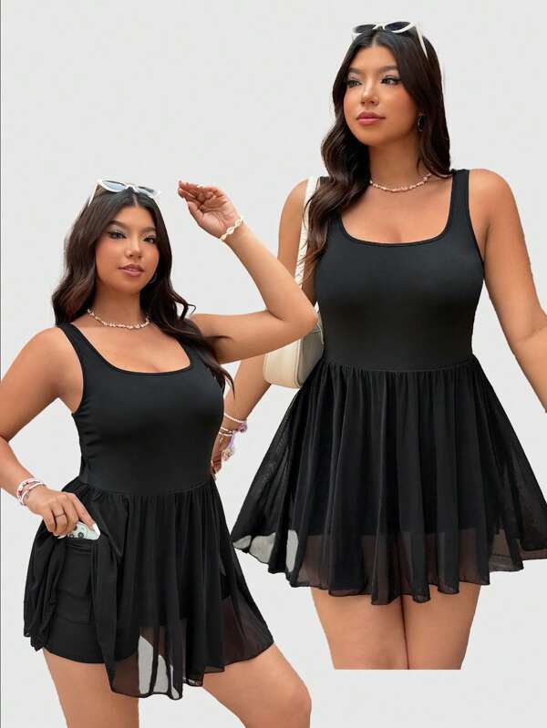 SHEIN EZwear Black Plus Size Jumpsuit, Minimalist & Fashionable, Suitable For Summer