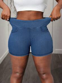 Flexra 女士夏季新款针织牛仔短裤，松紧腰，紧身，性感，简约，百搭 - 藍色 - 查看 5