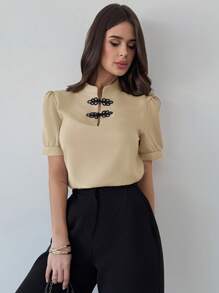 Firerie 女士优雅浪漫约会泡泡袖撞色纽扣衬衫，春夏，情人节 - 卡其色 - 查看 3