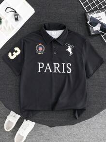 SHEIN Polo de punto holgado con estampado de letras, cuello de solapa y medio abierto, cómodo y versátil, apropiado para ir al colegio, ocio diario, vacaciones y viajes, adecuado para deportes, apto para festivales de primavera y verano, para niño preadolescente