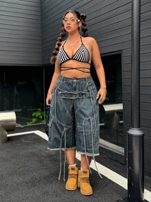 SHEIN ICON 大码女式磨边阔腿休闲工装牛仔裤 - 藍色 - 查看 3
