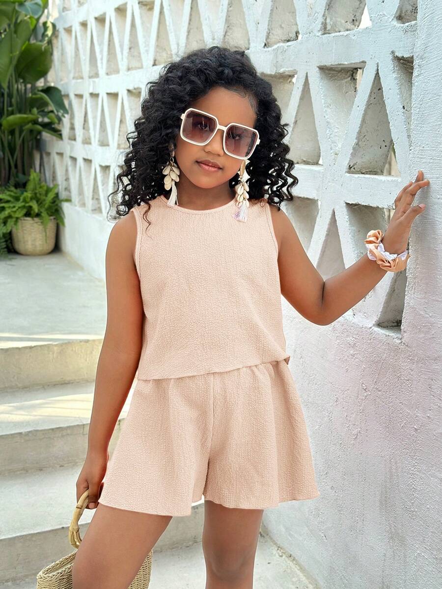 SHEIN Tween Girls Solid Color Textured Tank Top & Shorts 2 Pieces Set, Suitable For Summer, Beach, Vacation - Apricot - View 1