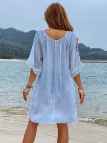 Swim Vcay Vacation Beach Solid Color Lace Patchwork Coverup Dress For Summer - Blue - View 2
