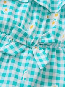 2pcs Set: Daisy Floral & Plaid All-Over Print Elastic Adjustable Spaghetti Strap Romper, With Matching Sun Hat. Comfortable & Skin-Friendly Woven Fabric, Suitable For Girls' Summer Beach, Outdoor, Party, Photo Shooting